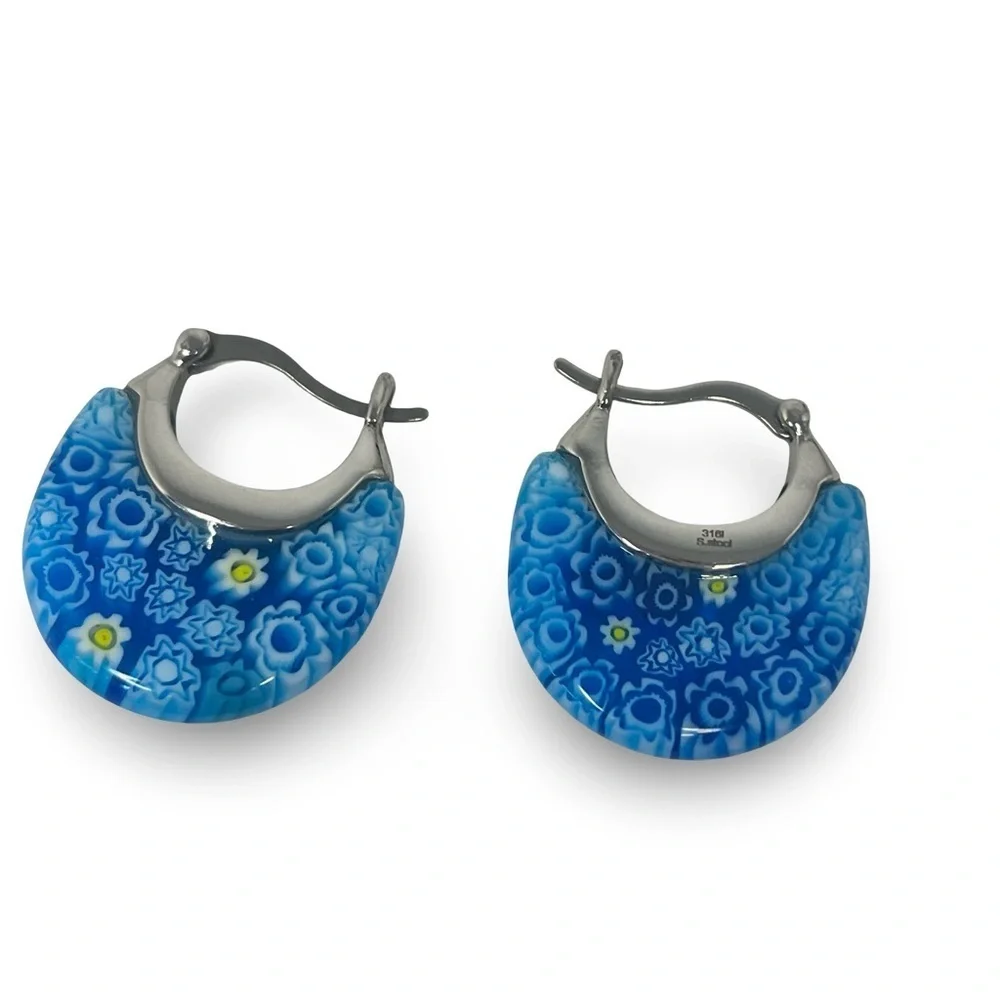 Murano Glass Millefiori Surgical Steel Hoop Earrings Blue Floral Pattern